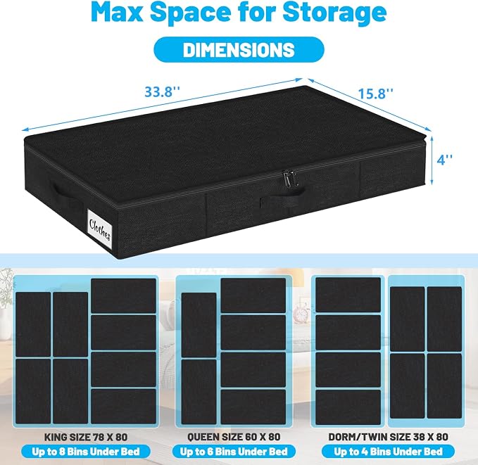 Under Bed Storage Container Bins 4 Pack, 4 Inch Thin Low Profile Underbed Clothes Storage Organizer for Dorm & Home, Use for Blanket and Toy Storage Box W/ Sturdy Bottom/Sides, Foldable Thick Fabric - Image 2