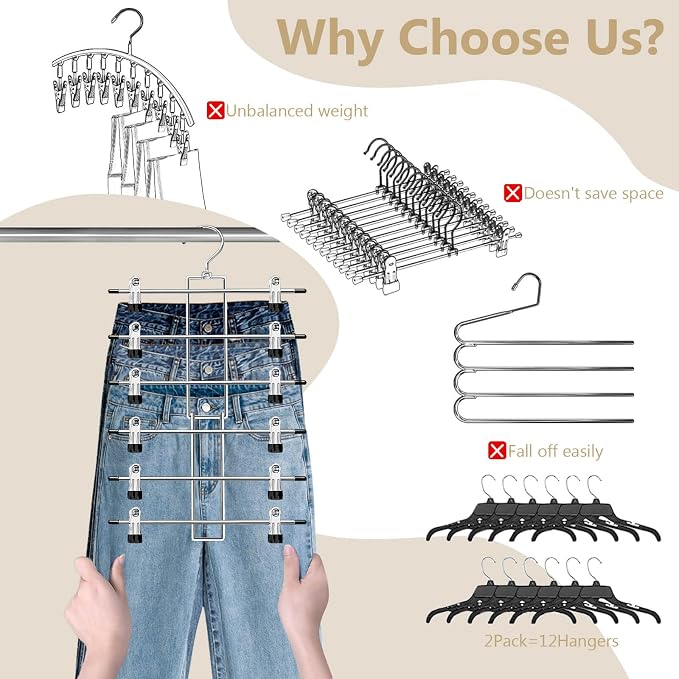 Pants Hangers with Clips,Space Saving Hanging Closet Organizer-6 Tiers Skirt Hangers with 360° Swivel Hook,Closet Organizer-Clothes Hangers- College Dorm Essentials Apartment Essentials- 4 Pack - Image 3