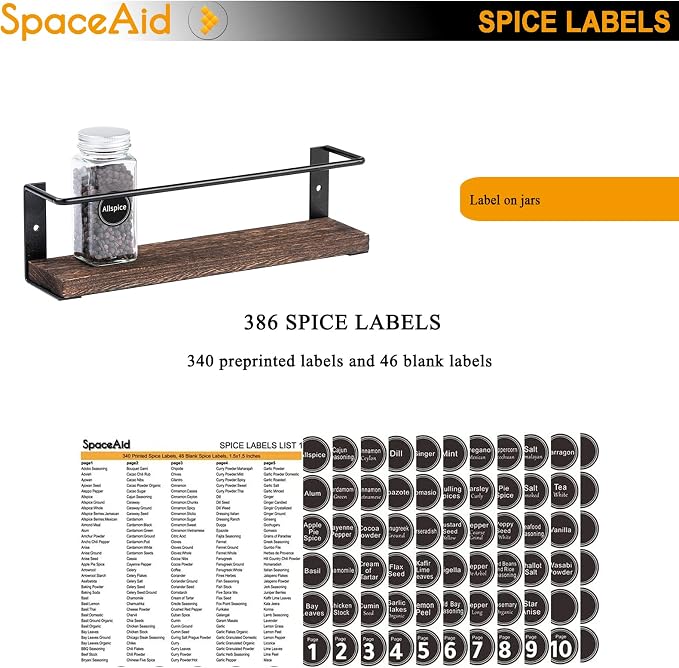 SpaceAid Spice Rack with 24 Spice Jars, 386 Spice Labels, Chalk Marker and Funnel, Wood Hanging Seasoning Shelf for Cabinet Door or Wall Mount (4 Pack) - Image 5