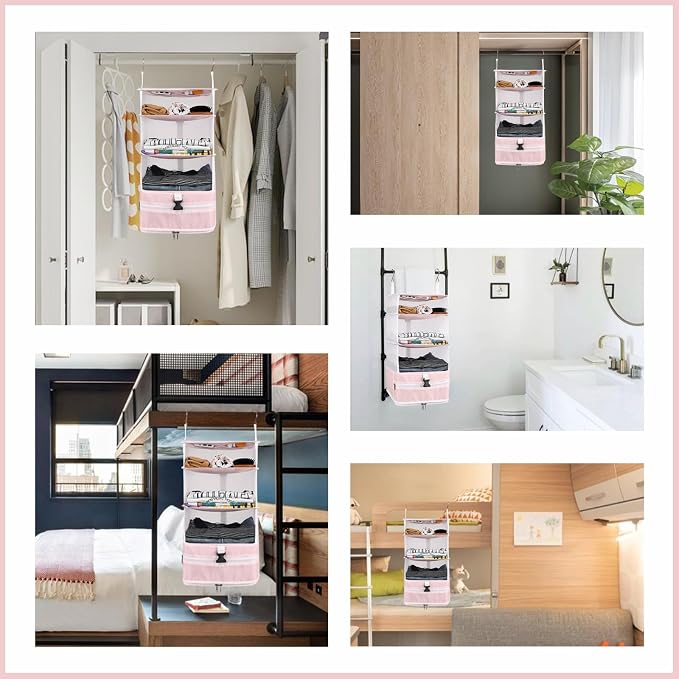 Surblue Hanging Closet Storage Bag Collapsible 3-Shelf Washable Oxford Fabric with 2 Hooks (L 11.41 * 11.41 * 19.68in, Pink) - Image 7