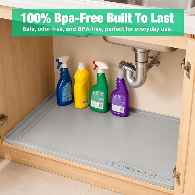 Under Sink Mat 31" X 22", Waterproof Silicone Cabinet Kitchen Liner, Gray - Image 7