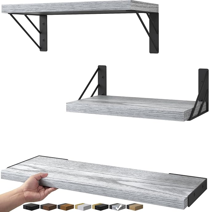 BAYKA Wall Shelves for Bedroom Decor, Wood, Gray White, Set of 3, 16in by Bayka