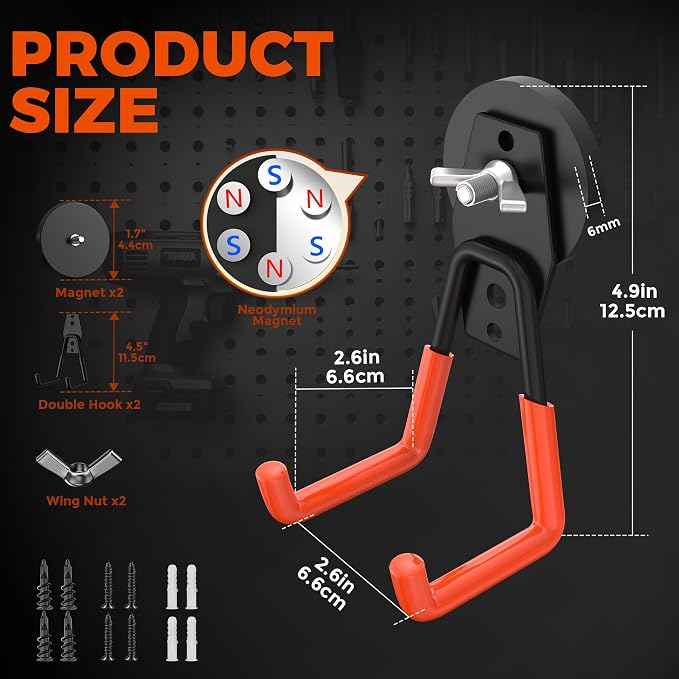 Large Strong Magnetic Hooks Heavy Duty Garage Big Magnet Hooks Extra Strength Magnetic Utility Storage Hook Hanger with Anti Slip Coating for Garden Indoor Outdoor Hanging Tools 2 Pcs Orange - Image 2