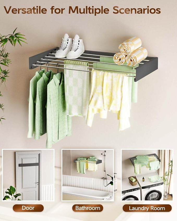 Vikaqi Wall Mounted Clothes Drying Rack 40", Foldable Wall Mount Laundry Rack Folding Indoor, Drying Rack Clothing Collapsible, Hidden Space Saver with Wall Template, 6 Rods, Black - Image 4