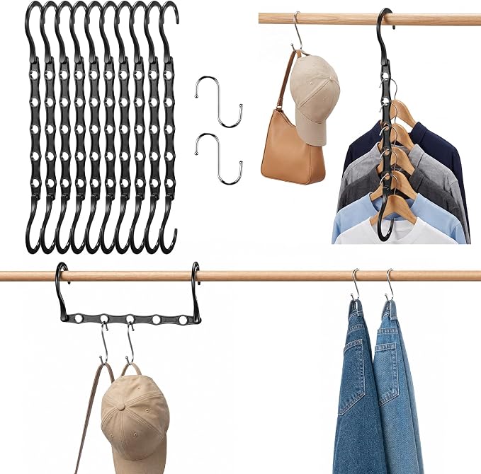 10 Pack Black Space Saving Hangers for Closet Organizers and Storage, 9.4 inch with 5 Enclosed Anti-Slip Hole, Clothing Hangers for Small Apartment & Small Closets and Dorm Room Essentials by NEDLEDK