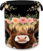 Highland Cow Laundry Hamper,Watercolor Flowers Foldable Oxford Basket with Handles, Portable Clothes Storage Bucket and Laundry Bag for Bathroom Laundry Room Bedroom Dorm Decor,20.8x16 Inch by Unknown