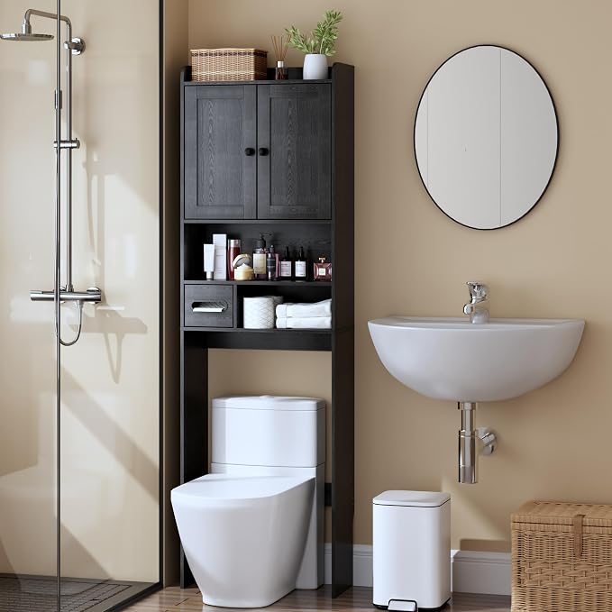 Over the Toilet Storage Cabinet,Tall Slim Bathroom Organizer with Doors, Adjustable Shelves & Built-in Toilet Paper Holder, Space-Saving Above Toilet Cabinet for Small Bathrooms(Black) by Nivisre