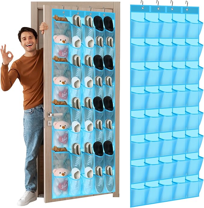 Windyun 1 Pcs 40 Pocket Over the Door Shoe Organizer Hang,Sky Blue - Image 8