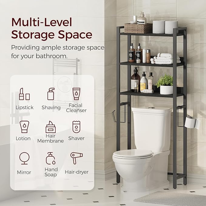 MAHANCRIS Over The Toilet Storage Rack, 3 Tier Bathroom Organizer Over Toilet, Freestanding Space Saver Toilet Stand with 2 Hooks, Bathroom Storage Shelf, Easy to Assemble, Black TSBK6001 - Image 3