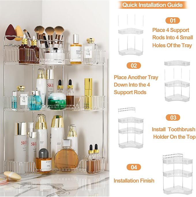 SUNZOS 3-Tier Corner Bathroom Counter Organizer, Bathroom Organizer Countertop with Makeup Brush Holder, Vanity Makeup Cosmetic Storage, Corner Storage for Kitchen, Dresser - Image 6