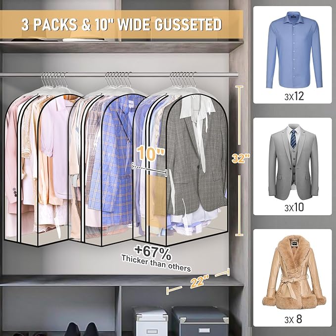 MISSLO 32" All Clear Garment Bags for Hanging Clothes 10" Gusseted Suit Bags for Closet Storage Suit Cover Hanging Clothes Storage for Shirts, Coats, 3 Packs - Image 2