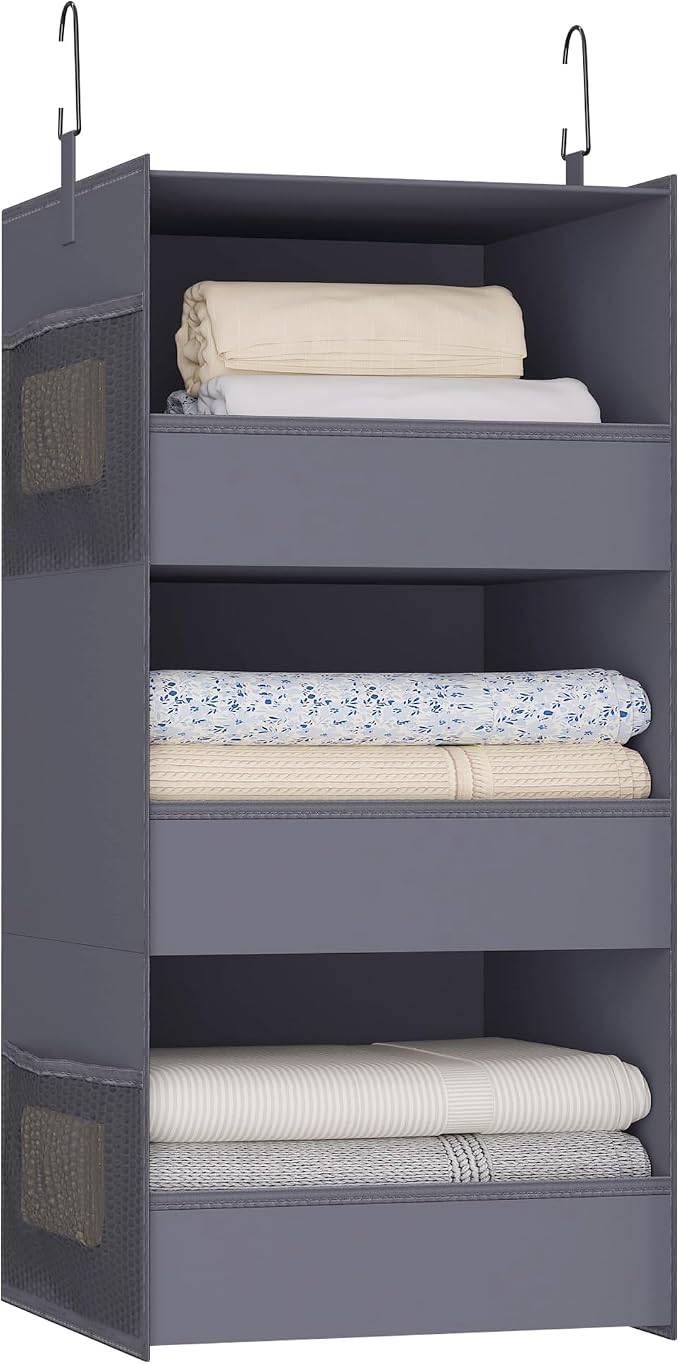 3-Shelf Hanging Closet Organizer, Washable Foldable Storage, Dark Gray | Front lip keeps items secure; side pockets add room; Oxford fabric handles towels, shirts, baby items, dorms, RVs or travel. by Bosuelife