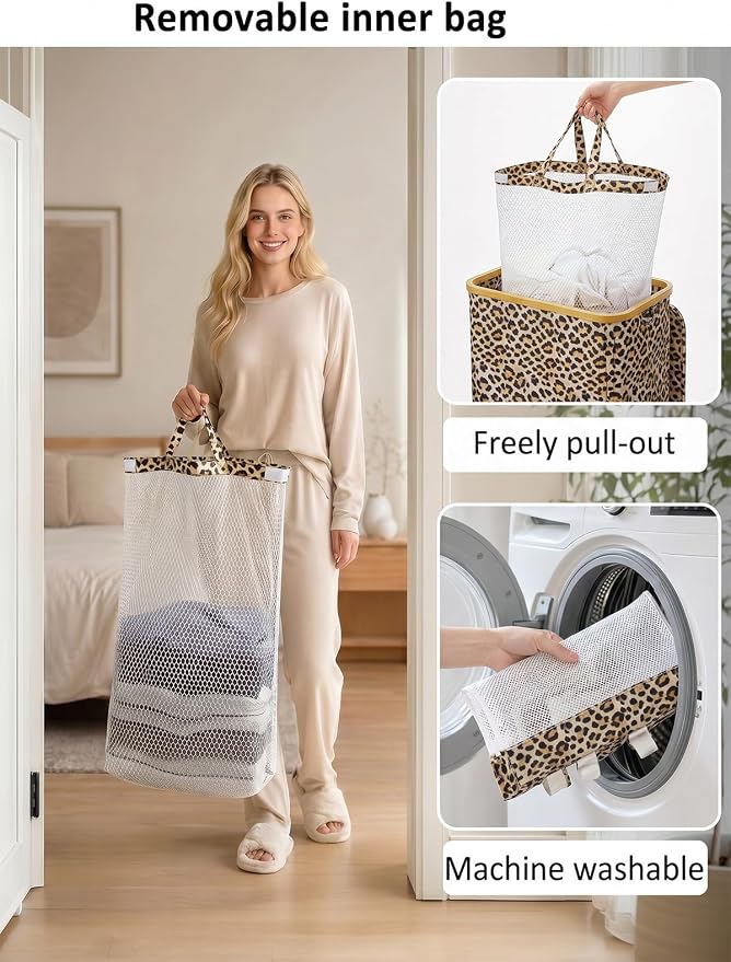 IEGrow Laundry Hamper with Lid,110L Laundry Basket with Bag,Leopard Print - Image 3