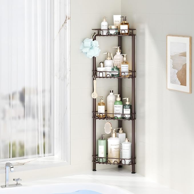 SWTYMIKI Standing Shower Caddy Corner - 4‑Tier Stainless Steel Shower Organizer Shelf with 12 Hooks and Adhesive Pads, Rustproof Corner Shelves Stand Rack for Bathroom Shower Room, Bronze - Image 5