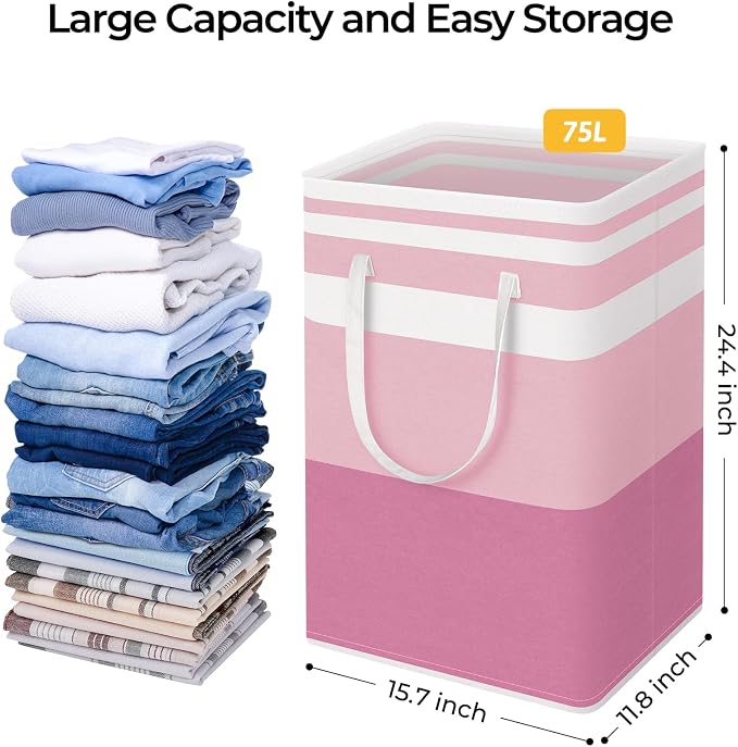 HomeHacks 2 Pack Laundry Baskets, Laundry Hampers Bags (Blue+Pink 75L) | Waterproof, Freestanding, Collapsible Clothes Hamper with Reinforced Handles in Laundry Room, Dorm, Bathroom, Bedroom - Image 4