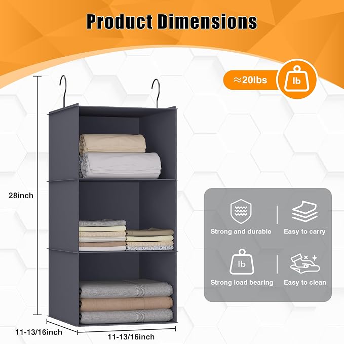 Hanging Closet Organizer 3-Shelf, Oxford Fabric Wardrobe Storage, Dark Gray | Easy-mount foldable design holds clothes, handbags, shoes & accessories; washable Oxford fabric, sturdy and space-saving. - Image 3