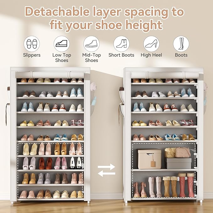 LANTEFUL Shoe Rack with Covers 10 Tier Tall Shoe Rack Organizer Large Capacity Shoe Shelf Storage 40 Pairs Space Saving Free Standing Shoe Storage Organizer for Closet, Entryway, Dorm, White - Image 6