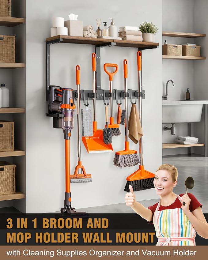 Large Broom Holder Wall Mount with Shelf, Vacuum Organizer, 5 Slots 5 Hooks - Image 2