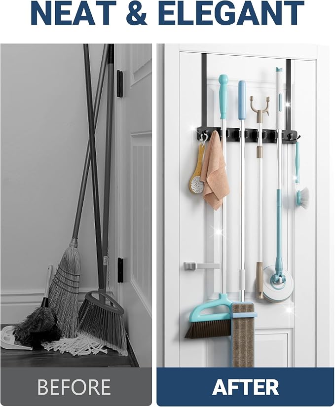 Lorbro Broom Holder Door Mount, Wood Over the Door Broom and Mop Holder - Image 5
