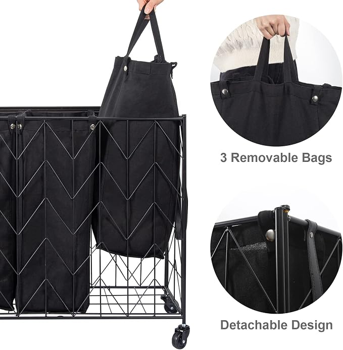 WOWLIVE Laundry Hamper 3 Section with Lid, 142L Laundry Basket with Wheels - Image 5