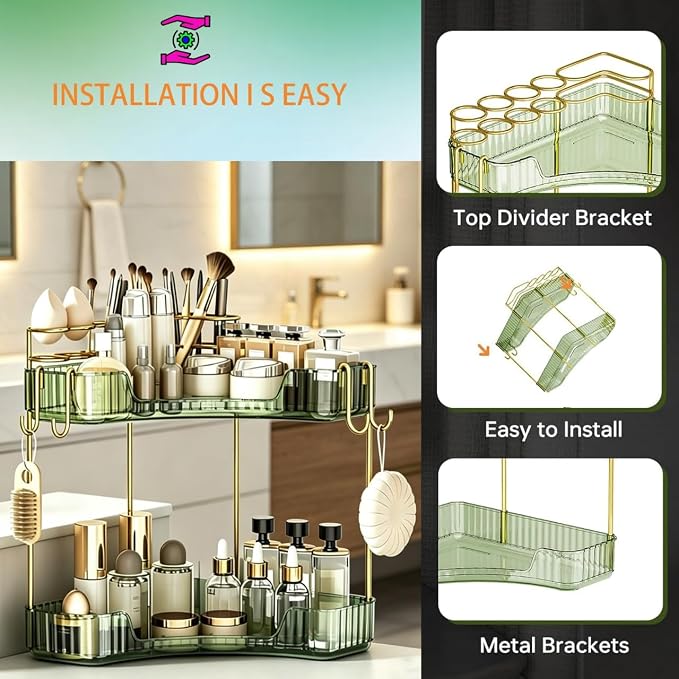 2-Tier Corner Bathroom Counter Organizer，Makeup & Skincare Shelf with Built-in Brush Holder，Space-Saving Bathroom Countertop Organizer for Skincare, Perfume, Cosmetics(Green) - Image 4