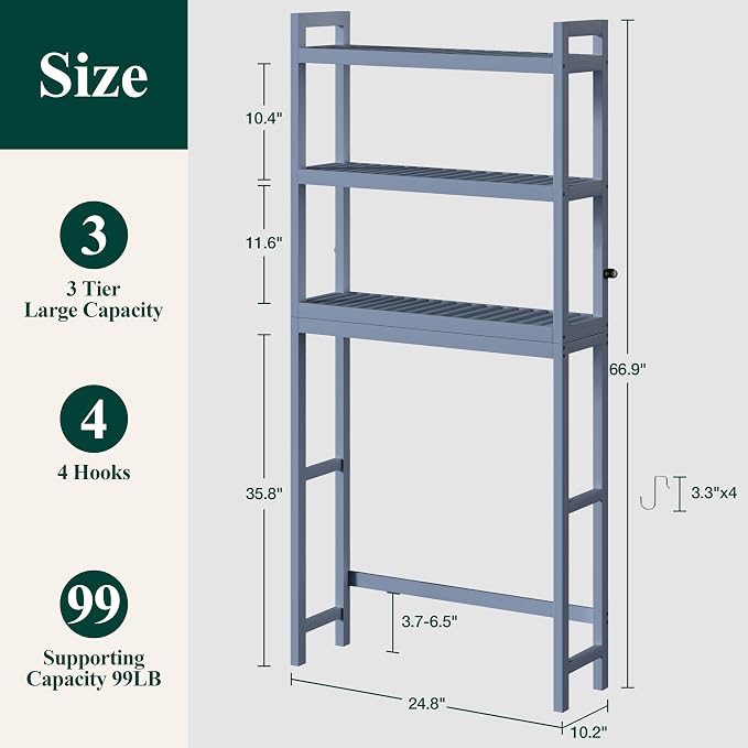 Smiry Bamboo Over The Toilet Storage Cabinet, 3 Tier, Grey - Image 2