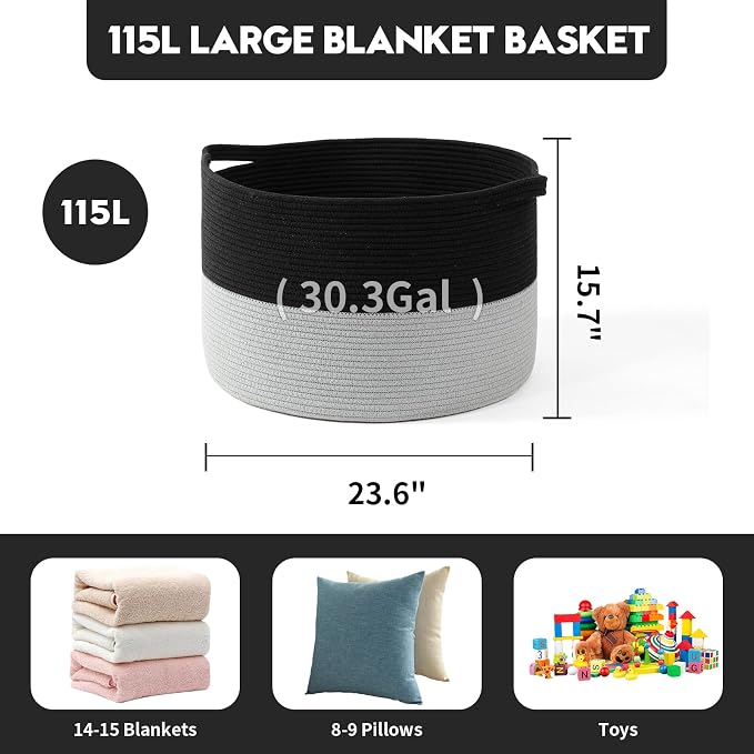 Foldable Laundry Hamper Basket with Collapsible Handle Cotton Rope Soft Woven Fabric Storage Organizer Clothes Toys Nursery Bedroom Dorm Space Saving Bin (Black & Grey, 115L(23.6"D x 15.7"H)) - Image 4