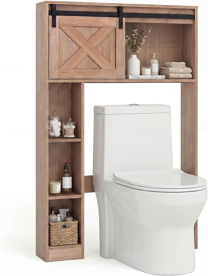 GIANTEX Over The Toilet Storage Cabinet - Freestanding Bathroom Organizer with Sliding Barn Door & Storage Shelves, Multifunctional Bathroom Toilet Rack for Bathroom, Restroom, Laundry (Rustic Brown) by Giantex