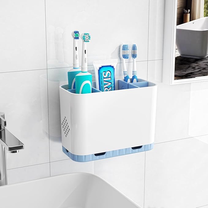 Toothbrush and Toothpaste Holders for Bathrooms Countertop - Detachable 5 Slots Kids Electric Toothbrush Holders Set Wall Mounted with Removable Dividers for Bathroom Decor and Accessories Organizer by Homtalker