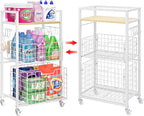 Hongtamoya 3 Tier Laundry Room Cart with Pull-Out Baskets, Storage Cart with Wheels, Rolling Cart with Wood Top Metal Bathroom Laundry Room Organization Mobile Shelf Unit Organizer Trolley, White - Image 9