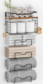 Towel Racks for Bathroom,Towel Rack Wall Mounted, 6 Tier Rolled Or Folded Towel Holder with Floating Shelves, Bathroom Towel Holder for Bath, Hand Towels,Metal and Wood by LIDTOP