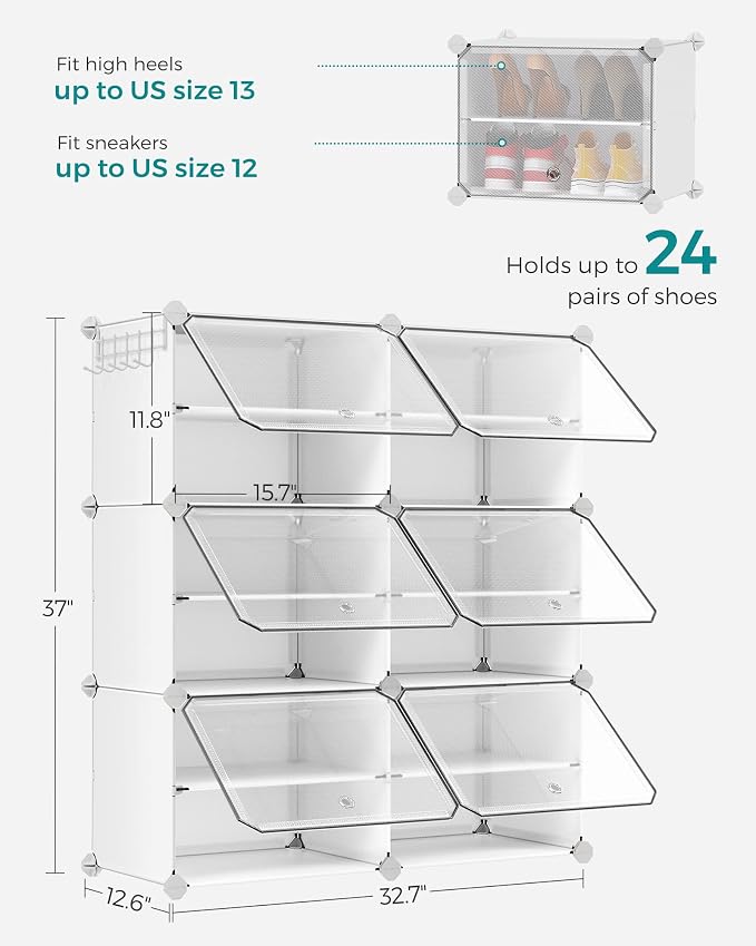 SONGMICS Shoe Rack, 6-Tier with Doors, 24-Pair Storage Cabinet | Shoe Organizer, Steel Frame, Plastic Panel, Bedroom, Entryway, Cloud White and Transparent, DAMION Collection ULPC033W01 - Image 3