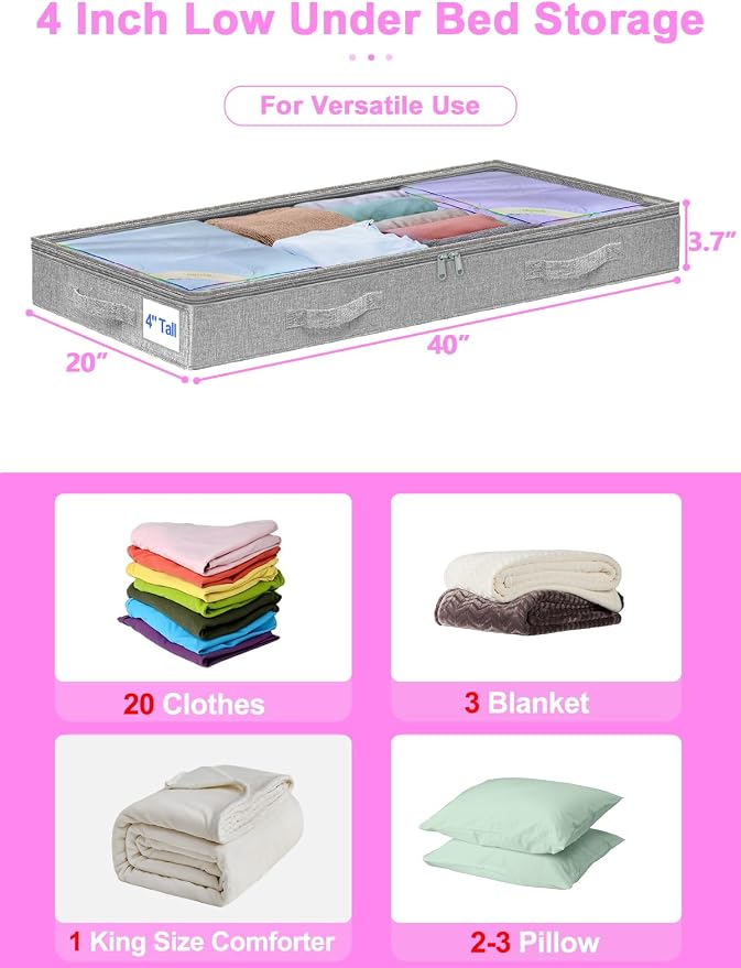 punemi 4 inch High Soft Low Profile Under Bed Storage Bins, 2 Pack, Grey - Image 5
