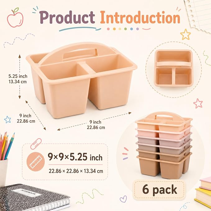 6 Pack Plastic Classroom Organizer Caddy with Handle, Boho Pastel - Image 2