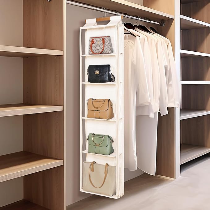 Syeeiex Over the Door Purse Organizer with Zippers, 5 Mesh Shelves, Beige - Image 5