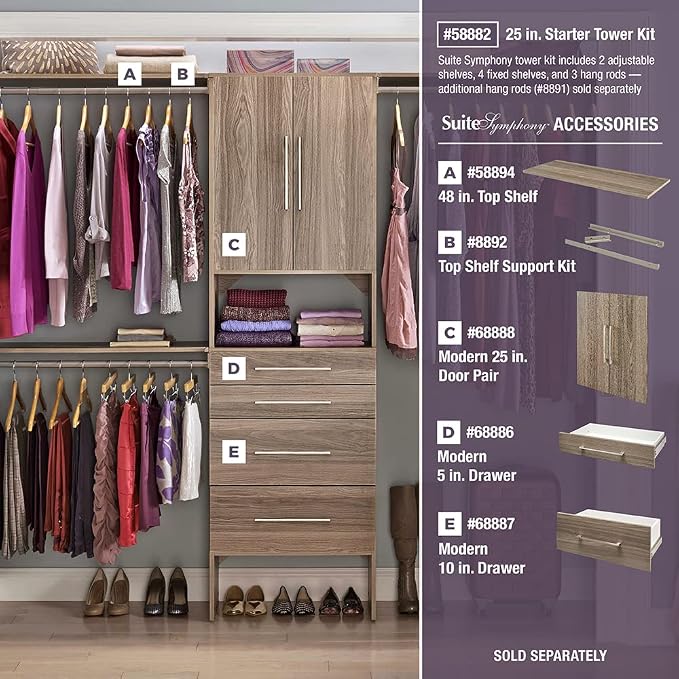 ClosetMaid SuiteSymphony Wood Closet Organizer Starter Kit with Tower and 3 Hang Rods, Shelves, Adjustable, Fits Spaces 5 – 10 ft. Wide, Natural Gray - Image 7