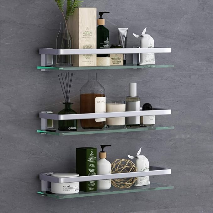 VOLPONE Bathroom Wall Shelf 15.7in Bathroom Glass Shelves Wall Mount Glass Shelf Rustproof Bathroom Wall Organizer 3 Tier (Sliver) by VOLPONE