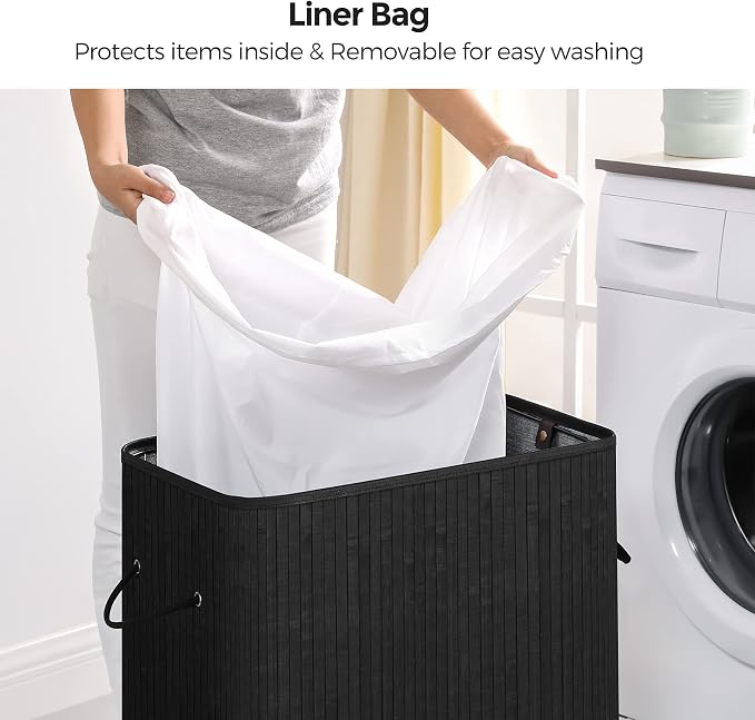 SONGMICS Laundry Hamper with Lid, Bamboo Laundry Basket, Removable Machine Washable Laundry Basket, with Handles, 26.4-Gallons, for Laundry Room, Bedroom, Bathroom, Ink Black ULCB63H - Image 5