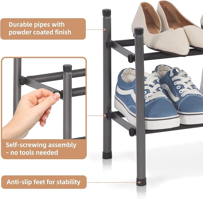 STORAGE MANIAC Expandable Shoe Rack for Closet, 8 Pairs Stackable Small Shoe Rack, Metal Adjustable Shoes Organizer for Entryway, Hallway, Garage, Front Door, Shoes Shelves, Black 2 Tier - Image 5