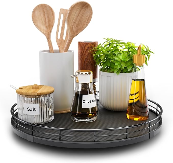 12" Lazy Susan Turntable Organizer for Table Top, Round Wooden Lazy Susan for Cabinet Kitchen Decor Centerpieces Coffee Table, Storage Condiments Spices, Bathroom Vanity Tray for Soap, Black by HGF
