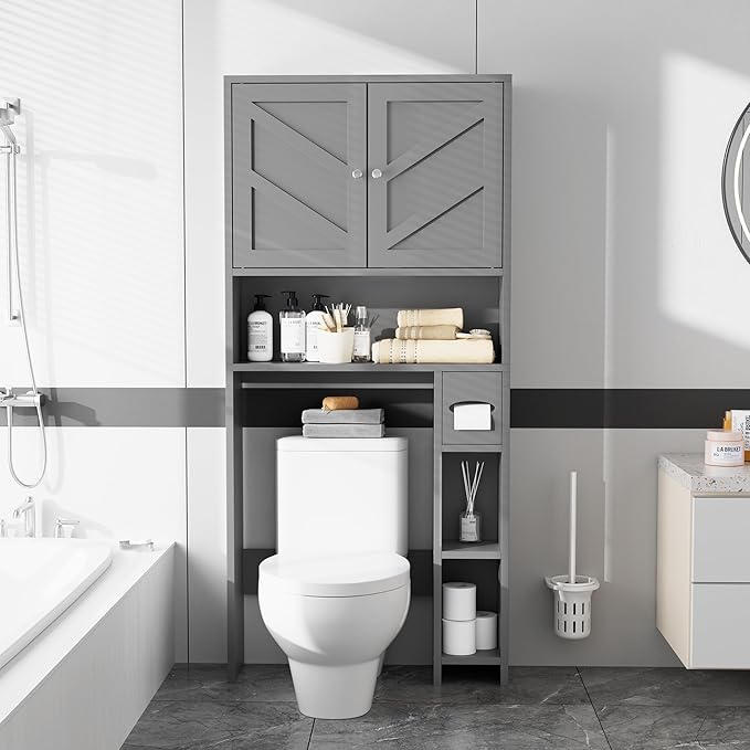 Farmhouse Storage Cabinet Over Toilet with Toilet Paper Holder Stand, Freestanding Bathroom Storage Organizer Cabinet, Grey by Meilocar