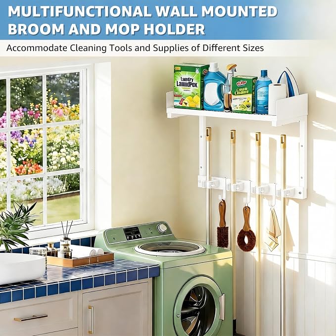 Mop Broom Holder Wall Mount with Top Shelf, Broom Organizer Wall Mount - Image 6