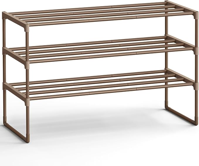 SONGMICS Shoe Rack, 3-Tier Shoe Organizer, Metal Storage Shelf | for Entryway, Upright or Upside Down, for 16-20 Pairs, Stackable, 11.8 x 36.2 x 21.7 Inches, Walnut Brown ULSA303K01 by Unknown