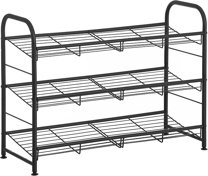 SONGMICS 3-Tier Stackable Metal Shoe Rack, Holds Up to 12 Pairs of Shoes | Shoe Organizer for Closet, Entryway, and Small Spaces, with Adjustable Slanted Shelves, Black, DAVIAN Collection ULMR066B01 by Unknown