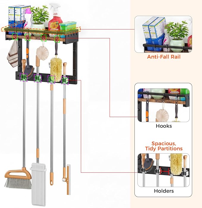 Broom Holder Wall Mount with Shelf,Broom Hanger with 4 Hooks,Broom and Mop Organizer Wall Hanging for Laundry,Garage, Utility,Broom Rack,Cleaning Supplies Organizer and Tool Storage,Black - Image 3
