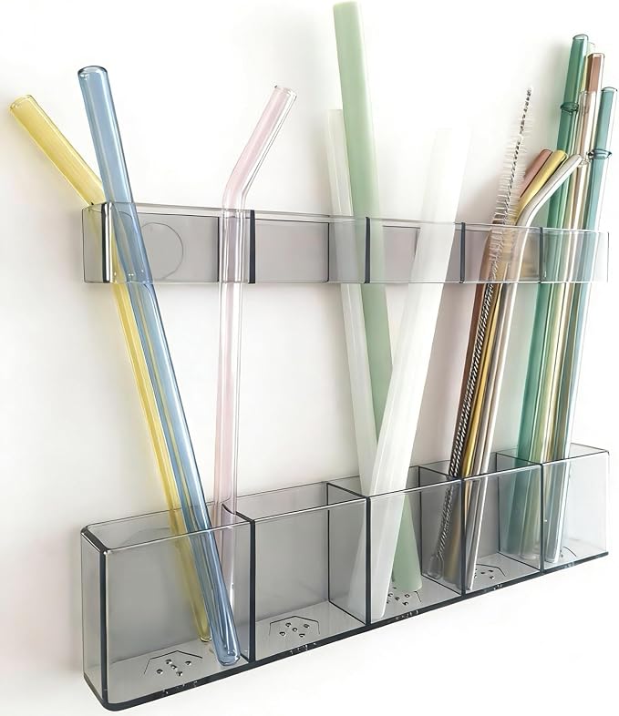 Acrylic Straw Holder for Cabinet Door - Child-Safe Organizer & Dispenser with Smooth Rounded Edges for Kitchen Accessories Storage, Adhesive Circles Included (Dark Transparent) by Unknown