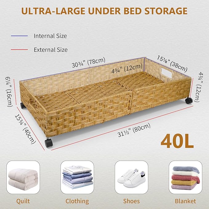 Under Bed Storage Containers with Wheels, 31.5” Large Handwoven Rattan Rolling UnderBed Storage Bins, Tool-free Assembly Natural Under The Bed Organizer Drawers for Bedroom, Sheets Clothes Blankets - Image 2