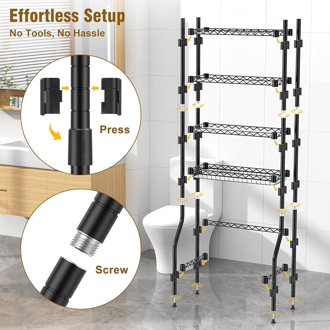 EAGMAK 4 Tier Over The Toilet Storage Rack, Bathroom Organizers and Storage Over Toilet with Adjustable Shelf and Basket, Above Toilet Storage Bathroom Cabinet for Small Space (Black) - Image 6