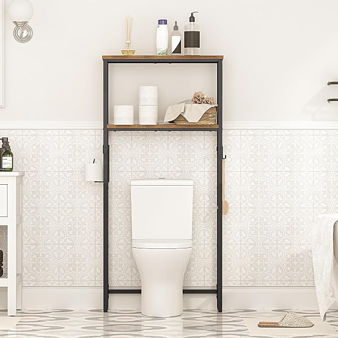 HOOBRO Over The Toilet Storage, 2-Tier freestanding Over the Toilet Storage, Bathroom Organizer Over Toilet with Toilet Paper Holder and Hooks, Space Saver for Room, Rustic Brown and Black BF49TS01 - Image 7