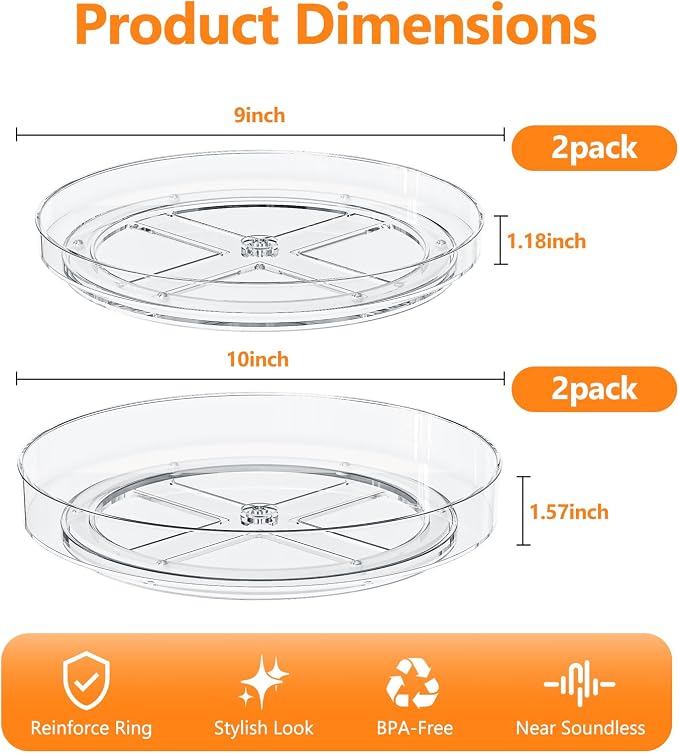 4 Pack Clear Lazy Susan, 9+10 Inch Turntable Organizer, Non-Skid Rotating Tray for Cabinet, Kitchen Pantry Organization and Storage, Acrylic Spinner for Refrigerator, Bathroom Vanity and Spice Rack - Image 4